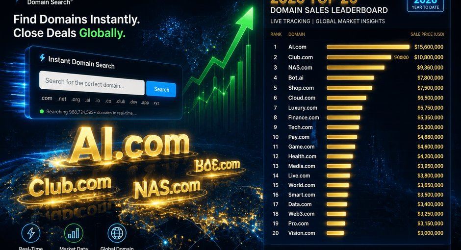 Instant Domain Search：2026 全球域名高价成交实时追踪榜（Top 20）与价值裂变解析